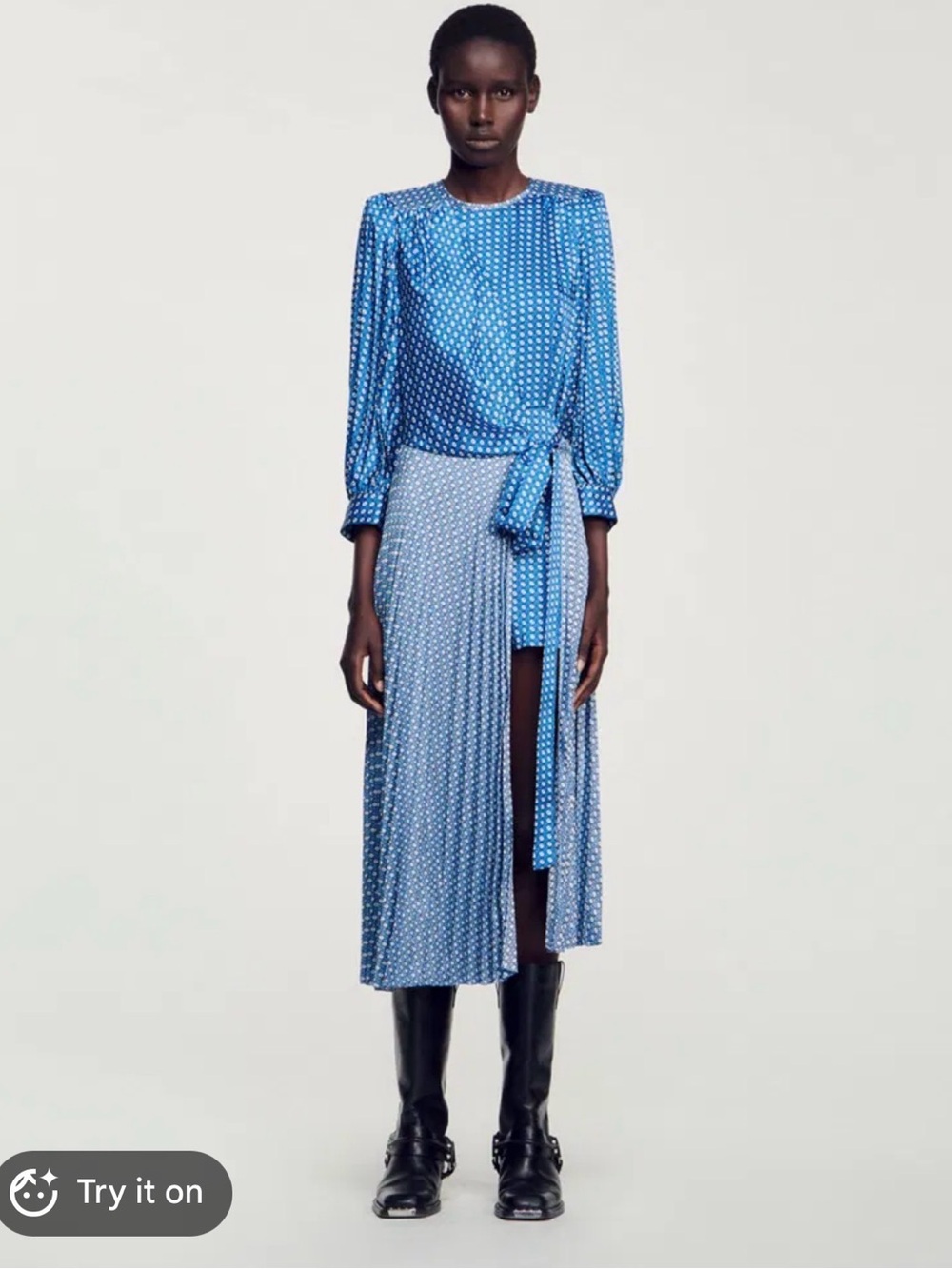 Sandro Blue Polka-Dot Wrap Midi Dress